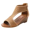 Sandales à talons inclinés avec fermeture éclair au dos pour femmes, chaussures d'été à semelles épaisses, style féerique, style bohème, chaussures de plage, 240228