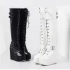 Botas cruzadas amarrar botas de inverno básicas mulheres preto cunhas brancas plataforma de 14 cm de altura sapatos de plata