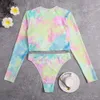 2024 New Tie Dyed Bikini for Women Multi Color Printed Long Sleeve Zipper Sexy Split Bikinis Beach Swimsuit