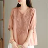 Damesblouses Zomer Etnische stijl Bloemenborduurwerkblouse Dames V-hals Katoen Linnen Overhemd Dames Halve mouw Causale losse korte tops