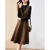 Casual Dresses Autumn Winter Half High Collar Black Bottoming T-shirt Top Elegant Fashion Vintage A-line Tank Dress Two Pieces Suit Women's