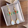 Dangle Chandelier Boucles d'oreilles Antique Eardrops Super Fairy Court Style Longue Frange Femmes Sterling Sier Rétro Ethnique Hetian Jade Bleu Dro Otljs