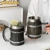 マグカップクリエイティブティキマグ木製バレルビールハンドルステンレススチールバイキング大容量カクテルカップバーツール