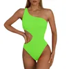 Damesbadmode sexy één schouder voor dames buikcontrole plus maat effen ruche holle taille uitsnijding bikini badpak paarse bikini's