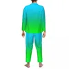 Men's Sleepwear Blue Green Pajamas Set Autumn Gradient Print Soft Home Two Piece Casual Oversize Custom Nightwear Gift Idea