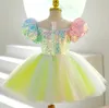 Красочные драгоценности длиной до колена, тюлевые платья с цветочным узором для девочек, бальное платье с короткими рукавами, детская официальная одежда