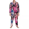 Męskie palmy sutowe Tropical Pajama Zestawy Pink i niebieskie miękkie kobiety z długim rękawem Vintage sypialnia 2 -częściowa odzież nocna plus size 2xl