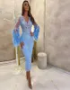 2021 New Sexy Sky Blue Cocktail Dresses V Neck Lace Appliques With Feather Long Sleeves Short Sheath Celebrity Prom Party Homecomi6814599