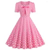 カジュアルドレスレトロピンクポルカドットプリント弓女性サマードレス2024 Vestido 50s 60S Vintage Square Collar Shirt Sleeve Party Ladies