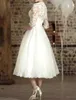 Vintage Short Tulle V-Neck Lace Wedding Dresses With Belt A-Line Ivory 3/4 Sleeve Above Ankle Length Buttons Back Bridal Gowns for Women