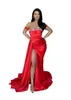 Sexy Red Plus Size Mermaid Prom Dresses Long for Women perle Sweetheart Satin Pleats Sweep Trein High Spalato Birthday Birthday Evening Coppeant Gowns