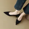 Klänningskor Spring Kid Suede Leather Women Metal Point Toe Kitten High Heel Woman Pumps GRANA LOAFER LADIES Office Black