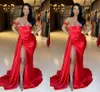 Sexy Red Plus Size Mermaid Prom Dresses Long for Women perle Sweetheart Satin Pleats Sweep Trein High Spalato Birthday Birthday Evening Coppeant Gowns