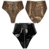 Womens Pu Leather Leopard Sexy Clubwear High Cut Front Zip Up Booty Shorts Pants For Night Club Party Rave Sexy Knickers 240320