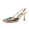 Zapatos de vestir de tacón superior Tacones delgados para mujer Sandalia de estilete de verano Sandalias de punta cuadrada de metal con lentejuelas Flip Flop Fenty Slides 240228
