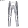 Męskie spodnie 2024 Męskie pu faux motocykl proste spodnie nogi błyszczące srebrne metalowe mężczyźni w klubie nocnym kostium sceniczny
