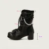 Boots Fashion Sweet Bow Femmes Comfort Square Plateforme de cheville Boots Elegant Ruffles String Bead Girls Princess Cosplay Shoes Pink Lolita