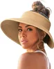 Women's sun hat wide-brimmed straw hat rolled up ponytail summer beach hat UV UPF foldable collapsible travel