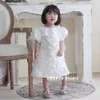 Robe blanche à fleurs pour filles, robes de baptême d'anniversaire pour enfants, frocs élégants en dentelle avec nœud, vêtements de fête pour filles, 240311