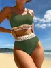 Damenbadebekleidung 2024 Bikini Frauen Split Zweiteiliger Badeanzug Ärmellos Panel Thread Europäisch und Amerikanisch mit Brustkissen Bi Kini