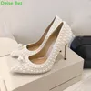 Robe Chaussures Blanc Perle Pointu Toe Pompes Pour Femmes De Luxe Designer Mince Talon Haut Peu Profonde À La Main Slip-on Élégant Mode Femme