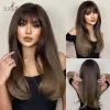 かつらeasihair long straight bangs wigs天然オンブルダークブラウン合成髪の女性用の毎日のコスプレパーティー耐火繊維