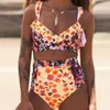 Dames Badmode V-hals Bloemenprint Bikini's Sexy Badpak Vrouw 2024 Braziliaanse Biquini Ruche Zwemkleding Hoge Beenbodysuit Monokini
