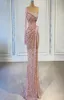 Robe de soirée de forme sirène rose, fente haute, luxe, perles, paillettes, élégante, manches longues, robes de bal, 2021