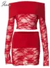 Work Dresses Joskaa Patchwork Lace See Through 2 Piece Set Women Sexy Off Shoulder Long Sleeve Tops And Mini Skirt Matching 2024 Club