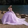 Robe De Quinceanera à épaules dénudées, lavande, lilas, brillante, robe De bal, nœud, perles De cristal, tulle, doux 16, 15 ans