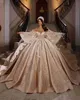 Luxe Arabische Aso Ebi Champagne Wedding Jurken Ball Jurk lange mouwen Lange mouwen kralen pailletten lange trein bruidsjurken Dubai gewaden de mariage aangepast BC15318