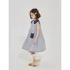 Платья для девочек Платье для девочек, лето 2024, детская хлопковая юбка без рукавов в синюю полоску с милым кружевным воротником, длина 110–160 см, детская
