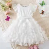 Été 3D fleur maille volants manches robe 15 ans enfant en bas âge filles fête d'anniversaire princesse Tutu mignon bébé vêtements 240311