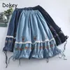 Gonne Ricamo floreale vintage Gonna di jeans blu Donna Mori giapponese Ragazza Ruffle Lace-up A-Line Estate Casual Midi Faldas Mujer