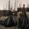 2022 GOTHIC Black Vintage Suknie ślubne A linia v szyja koronkowe aplikacje tiul iluzja pleców Backey Sweet Train plus size formalne suknie ślubne PRO232