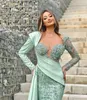 Luxury Lace Mermaid Evening Dresses Vintage Long Sleeves Crystal Beads Pleat Ruched Arabic Dubai Formal Party Gowns