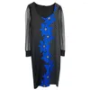 Casual Dresses Women Printed Dress Elegant V Neck Mesh Sleeve Midi Sheath Kne Längd Plus Size Formal Slim Fit For