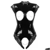 One-stycke passar kvinnor Öppet bröst Crotchless bodysuit Underkläder Våt Look Patent Leather Lingerie High Neck Lace Trimmed Leotard Drop Dht0o