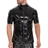 Camisas casuais masculinas plus size brilhante couro pu para homens manga curta full zippper brilhante pvc tops wetlook masculino magro camisa de látex