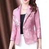 Ternos femininos S-3XL Mulheres Blazer Jaqueta Flor Impressão Três Quartos Manga Slim Solto Primavera Verão Outono Meia Idade Mãe Plus Size Rosa