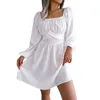 Casual Dresses Women Elegant Square Neck Mini Dress 2024 Autumn Long Sleeve Ruffle Short Ruched High Waist Formal For Robe