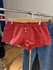 Damen-Shorts, rot, kariert, gerade, für Damen, Sommer, elastische Taille, Knöpfe, lässig, süße kurze Hose, Baumwolle, Y2K-Hose, Vintage-Hausunterwäsche