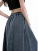 Kjolar kvinnor vår sommar vintage denim kjol mode elastisk midja a-line lös långvarig mörkblå jeans
