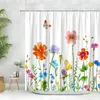 Shower Curtains Butterfly Flowers Green Plants Leaves Floral Watercolor Art Print Modern Nordic Home Decor Bathroom Curtain Sets