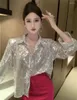 Kadın Bluzları Kimotimo Sily Sequins Gömlekler Kadınlar 2024 Bahar Yakası Blingling Gevşek Uzun Kol Üstleri Fransız Moda Moda Yüksek Sokak Kulübü