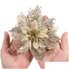 Dekoracje świąteczne 12PCS Glitter Artificial Poinsettia Flowers Ornaments Tree Drzewo Święte dekoracje imprezowe łodygi i klipsy 220912 Drop d dhkx6