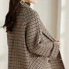 Woolen Coat Vintage Houndstooth Blazer Women Fall Fashion Korean Slim Plaid Suit Loose Luxury Design Double Breasted Jacket 240321