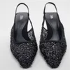 安い店90％オフ卸売中空ブラックZA2024ヒールハイサマービーズデコレーション新しいオープンレディースフレンチスタイルの靴