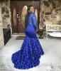 Royal Blue Black Girls Mermaid Prom Dress Long Sleeve Beads Lace African Formella aftonklänningar plus storlek Nigerian Party Dress Robes de Bal