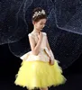 Sweet Yellow Satin/Tulle Beads Knee Length Girl's Birthday Dresses Flower Girl Dress Girl's Pageant Dresses Girl's Party Skirt Girl's Skirt Custom SZ 2-12 D321060